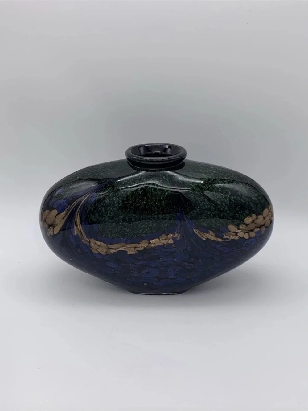 Dale Tiffany Style Heavy Squat Vase Mouth Blown Colorful Peacock Gold Accent